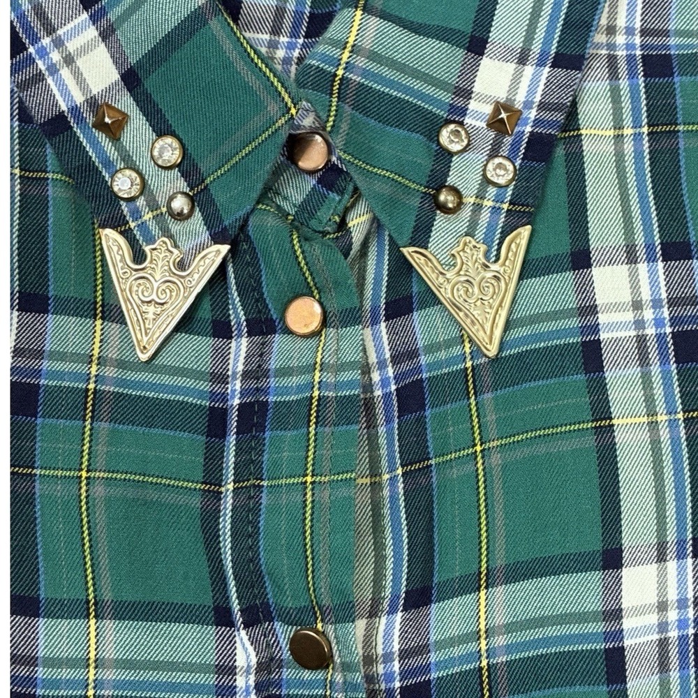 Zara Woman's Green Plaid Western Shirt Rhinestone Embellished Studded Collar - Picture 6 of 8